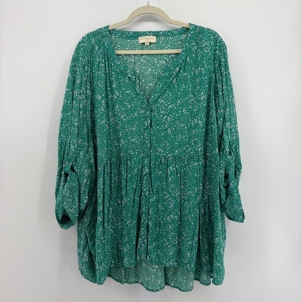 Cynthia Rowley Womens 2X Green Floral Tunic Top Roll Tab Sleeve Babydoll Blouse